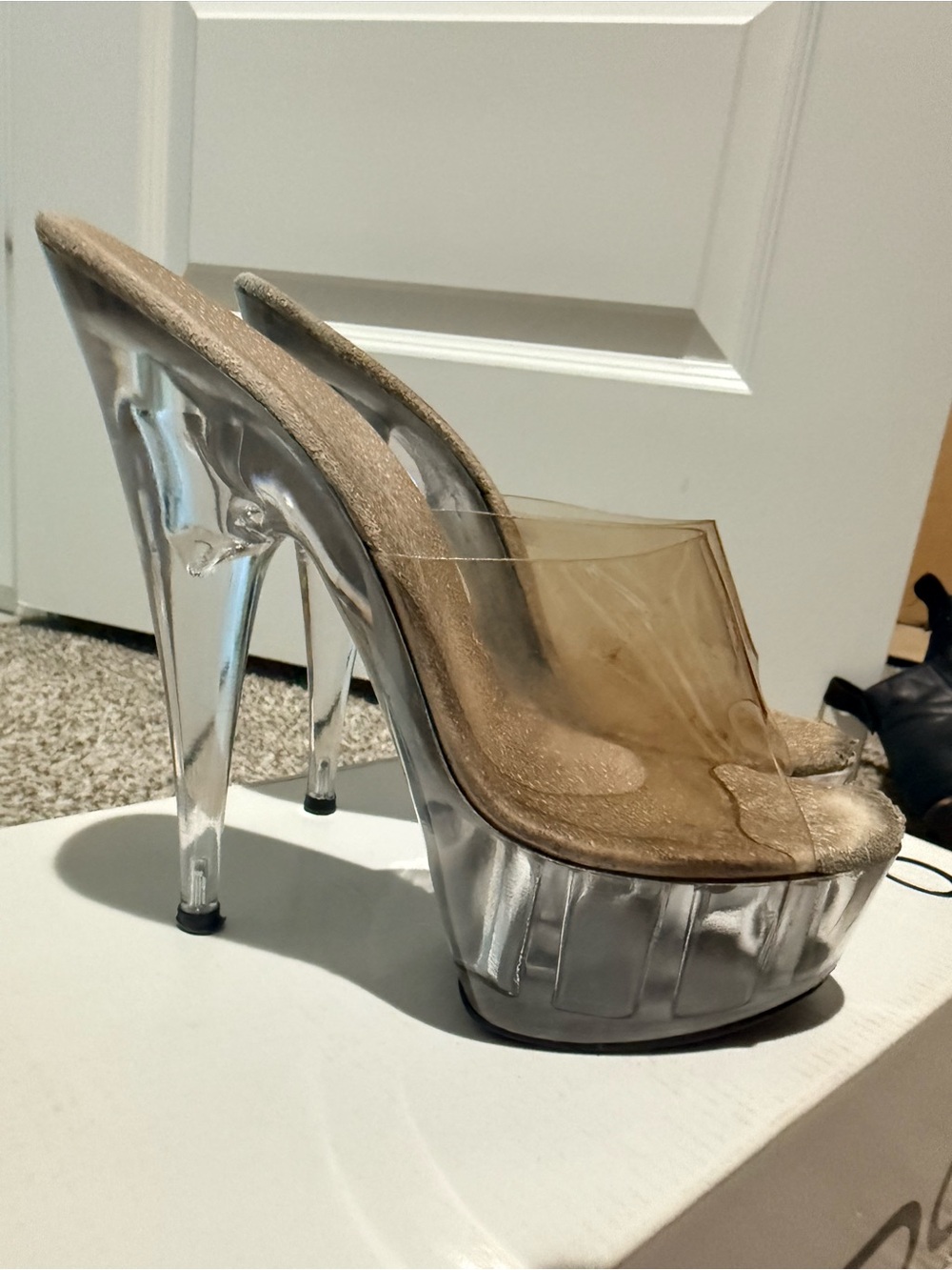 Pleaser Clear Platform Mule with Shimmery Tan Upper
